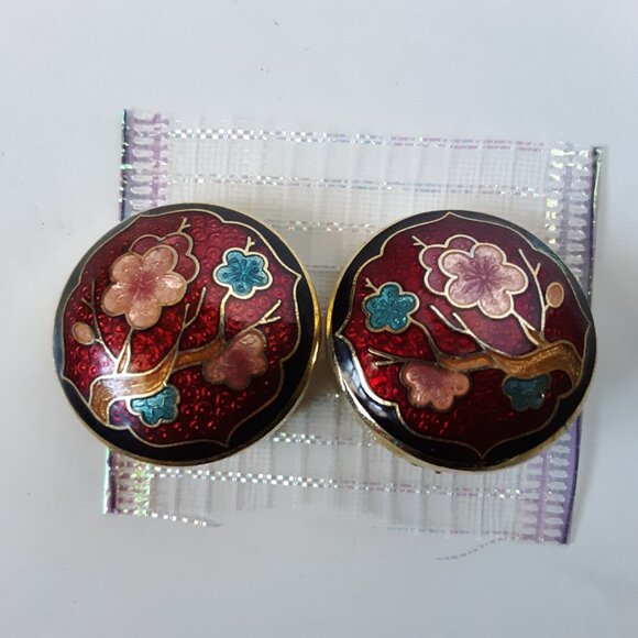Vintage Floral Enamel Cloisonné Clip On Gold Tone Earrings - Picture 8 of 9